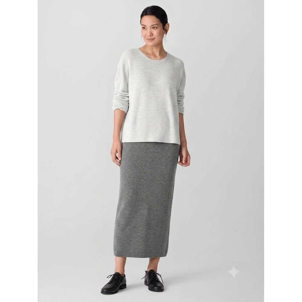 NWT Eileen Fisher Merino Wool Pencil Skirt M Grey Midi Knit Capsule Minimal Boho